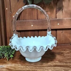 Vintage Fenton Silver Crest Bride's Bowl Basket 8" White Milk Art Glass Candy